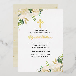 Invitación Con Relieve Metalizado Bautizo floral elegante de acuarela en oro