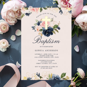 Invitación Con Relieve Metalizado Bautizo floral rosa dorado navy