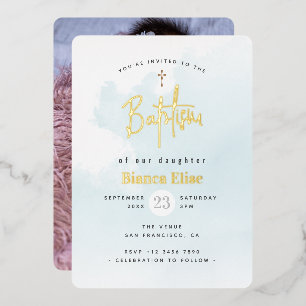 Invitación Con Relieve Metalizado Bautizo Foto de Bebé Acuarela Moderna Elegante