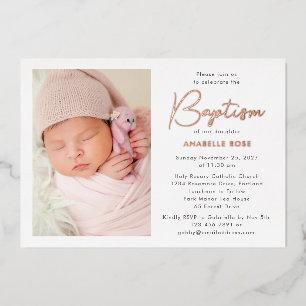 Invitación Con Relieve Metalizado Bautizo Foto Moderno Rosa Dorado