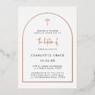 Invitación Con Relieve Metalizado Bautizo Minimalista Arco Moderno Rosa Oro Real