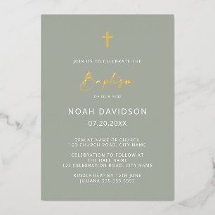 Invitación Con Relieve Metalizado Bautizo Minimalista Gris Verde y Hoja de Oro