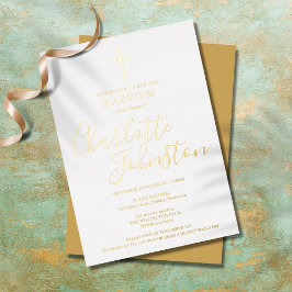 Invitación Con Relieve Metalizado Bautizo Moderno Elegante Firma Oro