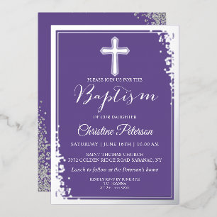 Invitación Con Relieve Metalizado Bautizo Morado Lavanda Glitter de Plata Real de Ho