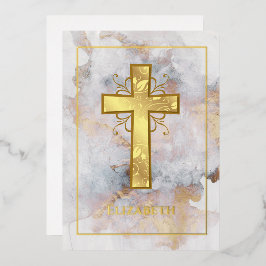 Invitación Con Relieve Metalizado Bautizo o Cristiandad de Mármol de Oro Filigrana