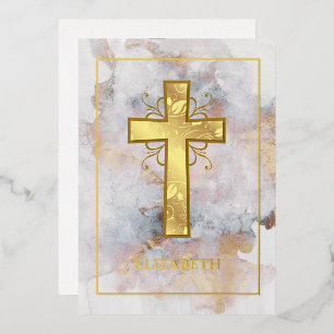 Invitación Con Relieve Metalizado Bautizo o Cristiandad de Mármol de Oro Filigrana
