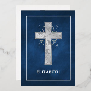 Invitación Con Relieve Metalizado Bautizo o Cristiandad en Navy y Plata con Filigran