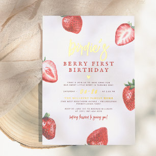 Invitación Con Relieve Metalizado Baya Brillante Primera Niña de Fresa Cumpleaños 1º