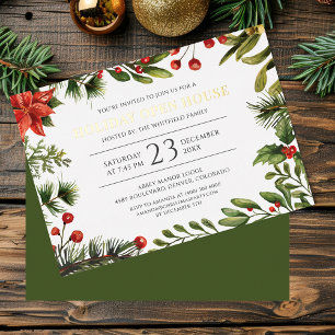 Invitación Con Relieve Metalizado Bayanas de Navidad Vegetación Fiesta de puertas ab