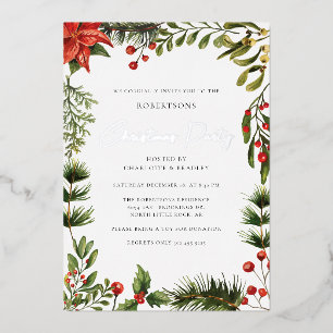 Invitación Con Relieve Metalizado Bayas Rojas Botánicas Florales Navidad Plata