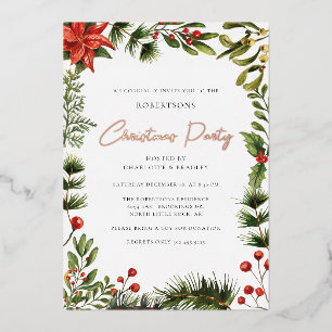 Invitación Con Relieve Metalizado Bayas Rojas Florales Navidad Fiesta Rosa Dorado