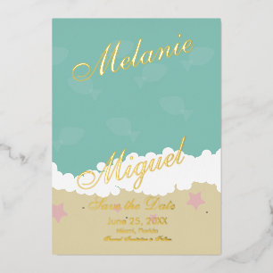 Invitación Con Relieve Metalizado  Beach Ampersand Save the Date Prensado 