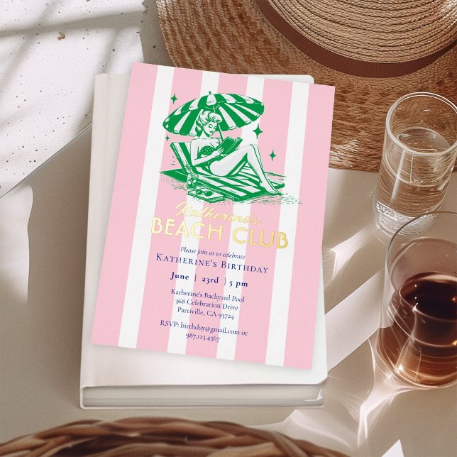 Invitación Con Relieve Metalizado Beach Club Chica de franjas rosadas Fiesta de cump (Subido por el creador)