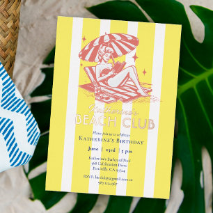 Invitación Con Relieve Metalizado Beach Club Yellow Stripes Cumpleaños Party Gold