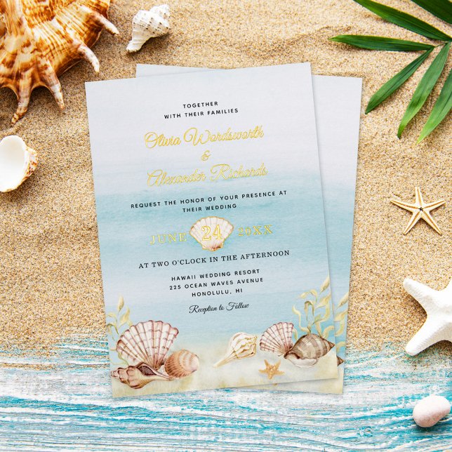 Invitación Con Relieve Metalizado Beach Ocean Boda Elegant Gold (Subido por el creador)