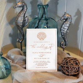 Invitación Con Relieve Metalizado Beach Seashell Wedding Elegant Rose Gold 