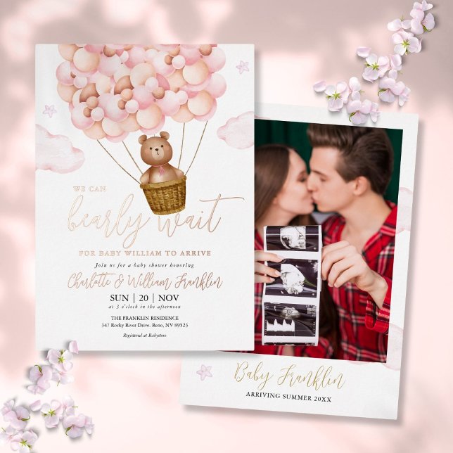 Invitación Con Relieve Metalizado Bearly Wait Teddy Chica Foto Baby Shower Rosa Gold (Bearly Wait Teddy Girl Photo Baby Shower Rose Gold Foil Invitation)