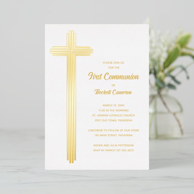 Invitación Con Relieve Metalizado Beautiful Cross First Communion Gold (Anverso de pie)