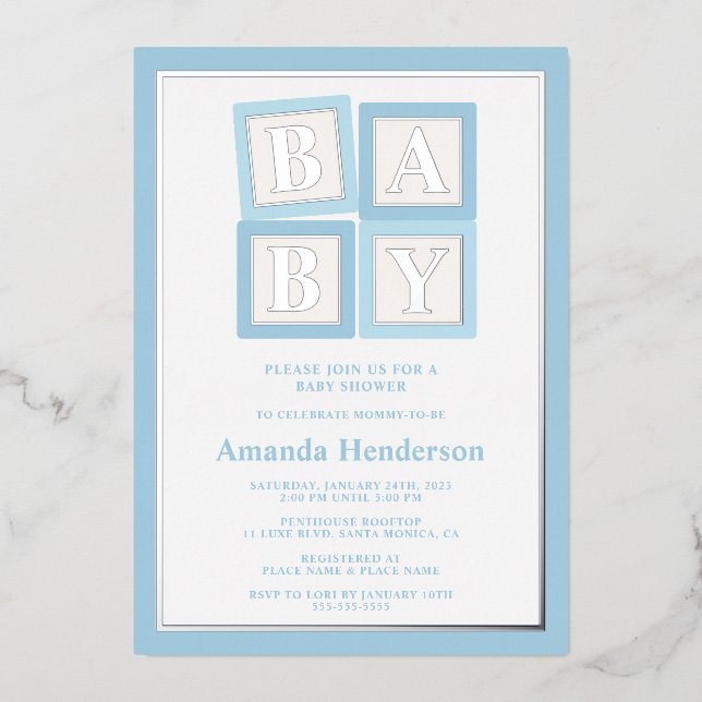 Invitación Con Relieve Metalizado Bebé azul bloquea Baby Shower (Anverso)