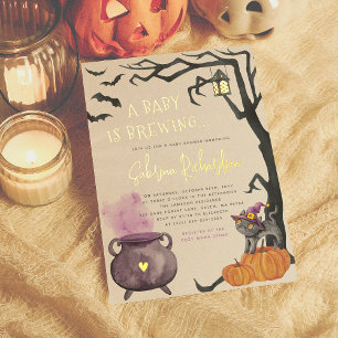 Invitación Con Relieve Metalizado Bebé Brillante Está en Camino Chica Halloween Baby
