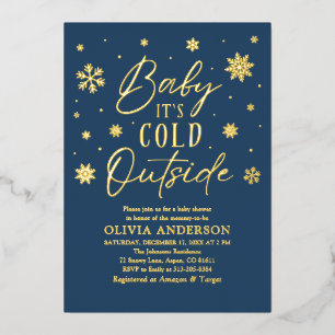 Invitación Con Relieve Metalizado Bebé con copos de nieve azul hace frío fuera de Ba
