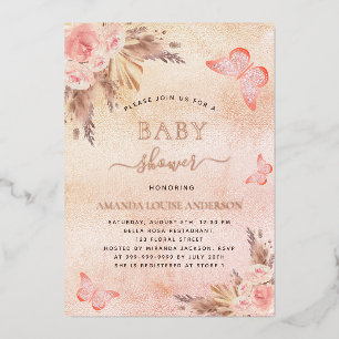 Invitación Con Relieve Metalizado Bebé ducha pampas pasto mariposa rubia