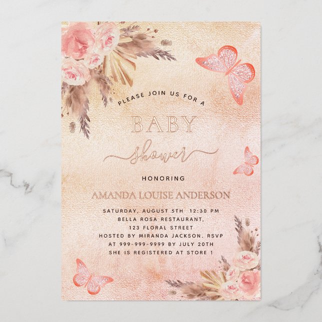 Invitación Con Relieve Metalizado Bebé ducha pampas pasto mariposa rubia (Anverso)
