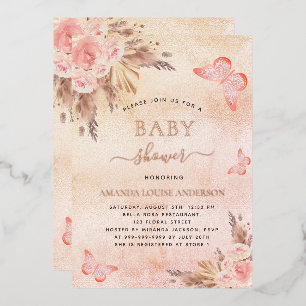 Invitación Con Relieve Metalizado Bebé ducha pampas pasto mariposas ruidosas
