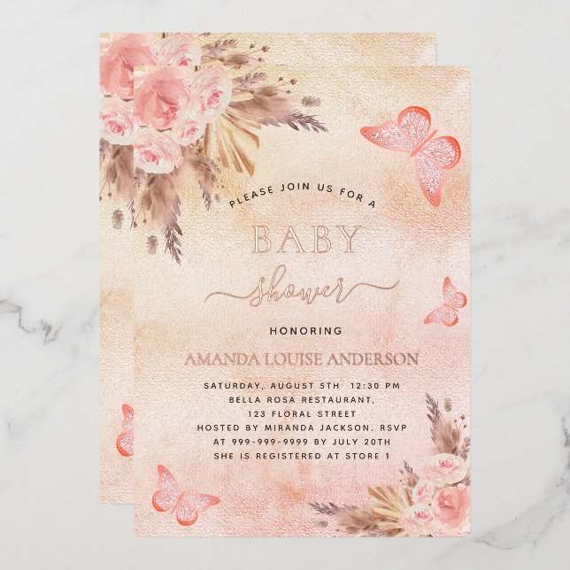 Invitación Con Relieve Metalizado Bebé ducha pampas pasto mariposas ruidosas (Anverso/Reverso)