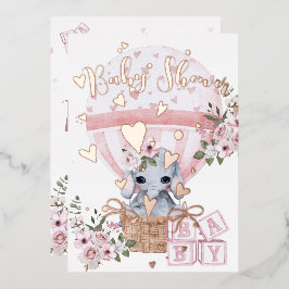 Invitación Con Relieve Metalizado Bebé Elefante Floral Rosa Flor