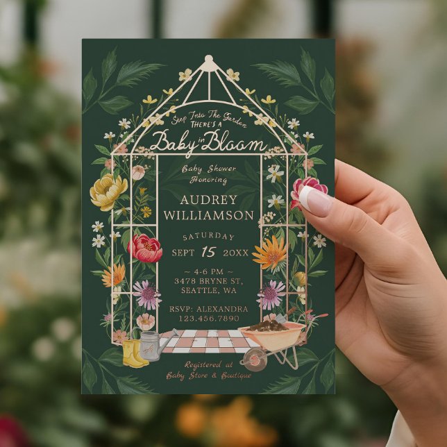 Invitación Con Relieve Metalizado Bebé en Bloom Floral Garden Greenhouse Baby Shower (Baby in Bloom Floral Garden Greenhouse Baby Shower Foil Invitation)
