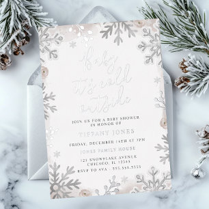 Invitación Con Relieve Metalizado Bebé Es Frío Rubor Copo de Nieve Baby Shower
