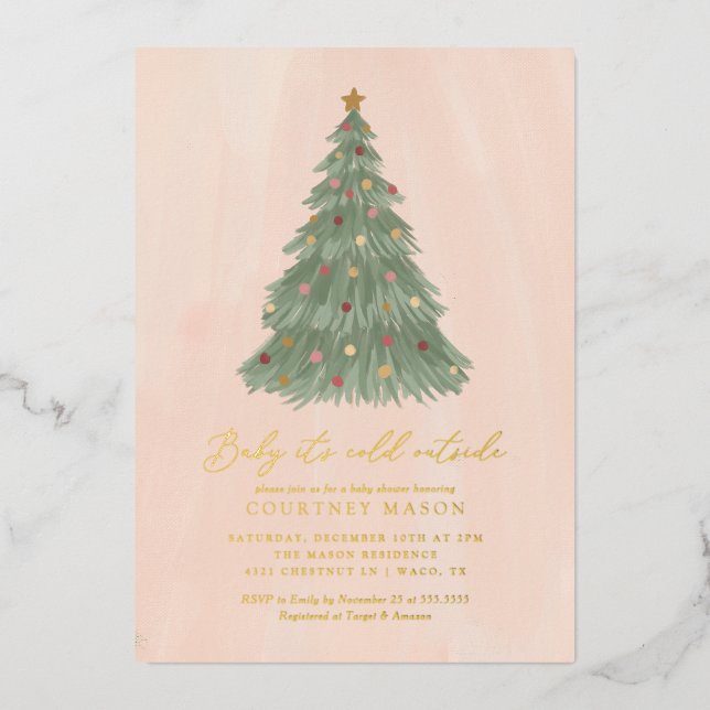 Invitación Con Relieve Metalizado Bebé está frío fuera del Baby Shower del árbol de  (Anverso)