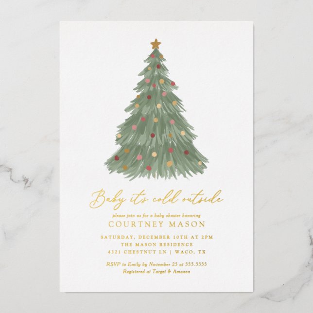 Invitación Con Relieve Metalizado Bebé está frío fuera del Baby Shower del árbol de  (Anverso)