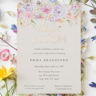 Invitación Con Relieve Metalizado Bebé Floral en Flor Pequeñas Florecillas Silvestre