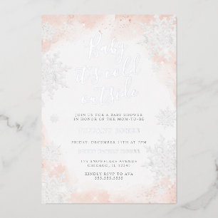 Invitación Con Relieve Metalizado Bebé, hace frío afuera Pink Silver Baby shower