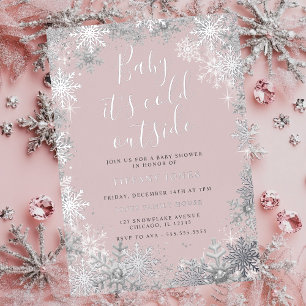 Invitación Con Relieve Metalizado Bebé, hace frío afuera Pink Silver Baby Shower