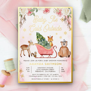 Invitación Con Relieve Metalizado Bebé hace frío afuera Pink Sleigh Baby Shower