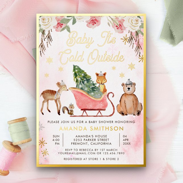 Invitación Con Relieve Metalizado Bebé hace frío afuera Pink Sleigh Baby Shower (Subido por el creador)
