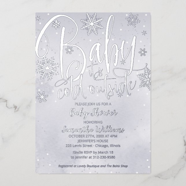 Invitación Con Relieve Metalizado Bebé, hace frío fuera del Baby Shower Gray Foi (Anverso)