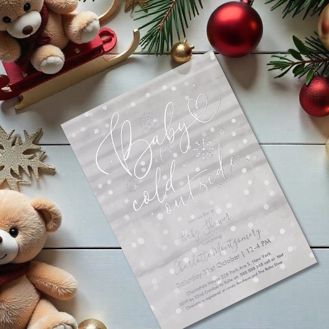 Invitación Con Relieve Metalizado Bebé, hace frío fuera del Baby Shower gris inverna (Subido por el creador)