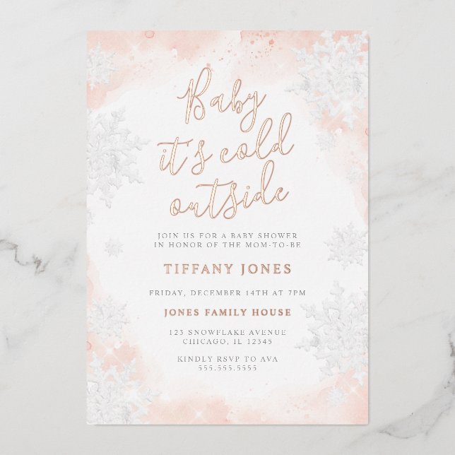 Invitación Con Relieve Metalizado Bebé rosa hace frío afuera de la ducha bebé (Anverso)