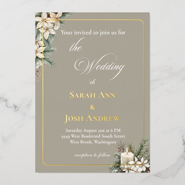 Invitación Con Relieve Metalizado Beige con temática invernal (Anverso)