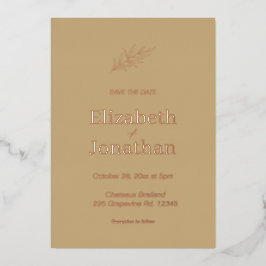 Invitación Con Relieve Metalizado Beige hoja simple  guardar la fecha rosa dorado