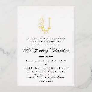 Invitación Con Relieve Metalizado Bella Elegante Floral Monograma de Boda en ORO