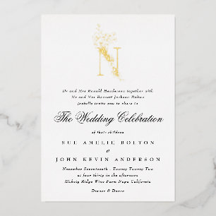 Invitación Con Relieve Metalizado Bella Elegante Floral Monograma de Boda en ORO