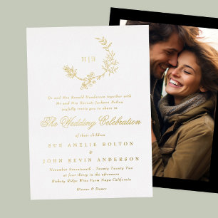 Invitación Con Relieve Metalizado Bella Monograma de Oro Floral Foto Boda