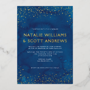 Invitación Con Relieve Metalizado Bello Cielo Estrellado de Acuarela Azul Boda REAL