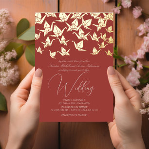 Invitación Con Relieve Metalizado Bello Grulla de Papel de Origami Rojo para Boda