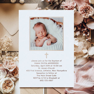Invitación Con Relieve Metalizado Bello Minimalismo Foto Bautizo Oro Rosa